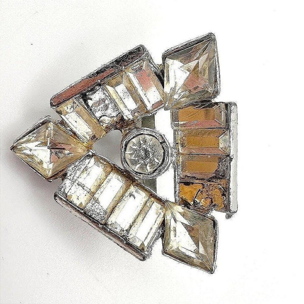 Vintage 80s Silver Tone Clear Rhinestone Geometric Triangle Brooch Pin Art Deco
